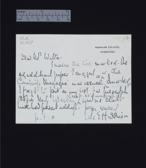 Letter from Jane Harrison to A. R. Waller
                (n.d., [1919]).