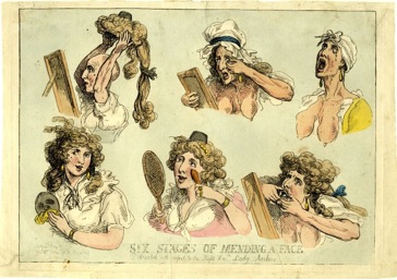 etching showing a woman transforming herself with makeup and a wig
