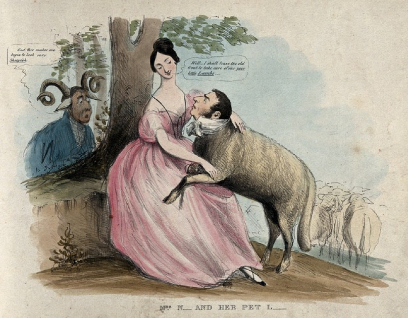 Figure 1 A woman holds a lamb in her lap while a ram looks on