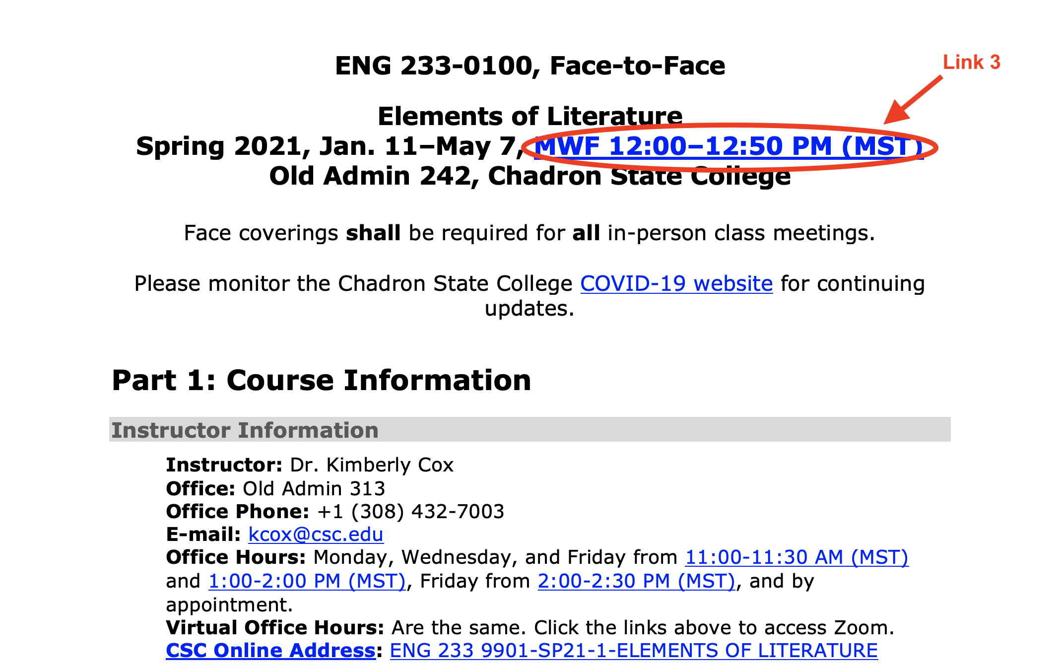 Fig. 2:Screenshot of the first page of my syllabus with a red arrow and circle indicating the Zoom meeting links
