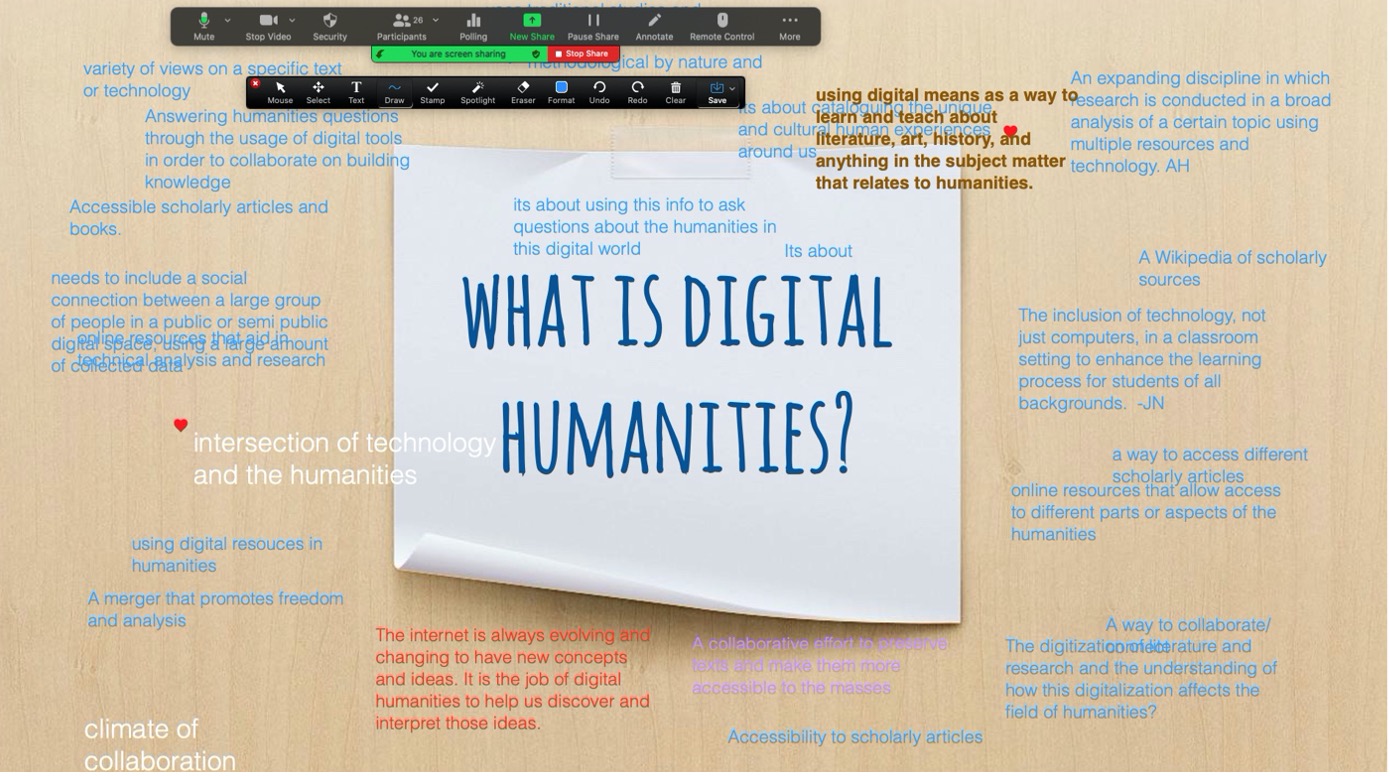Fig. 1. This screenshot shows the students’ first attempt at annotating a slide. They each posted their initial thoughts based on assigned readings about the field of digital humanities. The image shows a Zoom screen on which an image of a white post-it note appears against a beige background. The note reads “What is Digital Humanities?” Around the note are a series of student comments in white, blue, red, purple, and brown. Two student comments include red heart icons.