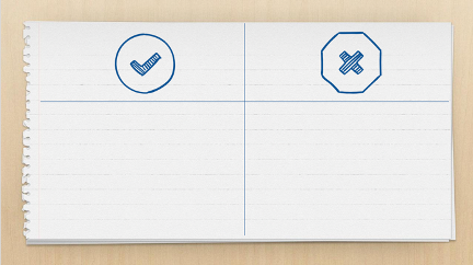 Fig. 4. Screenshot of a blank voting slide with only a check for yes or an ‘x’ for no. This image shows a sheet of lined notebook paper divided in half, with a blue check mark on the left and a blue “x” on the right.