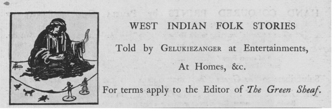 Advertisement for Smith’s West Indian
Folklore storytelling service in The Green Sheaf.