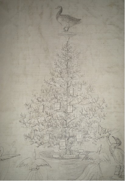 sketch of a christmas tree with a goose on top of it