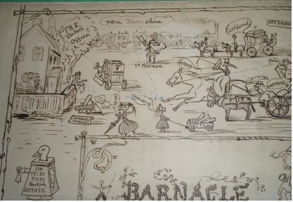sketch of manuscripts arriving at Yonge's house by various modes of transportation