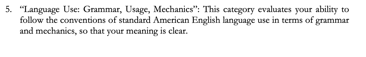 Fig. 2. Screenshot of the fifth category of assessment, “Language Use: Grammar, Usage, Mechanics,” outlined in CUNY’s CAT-W rubric.This black-and-white image contains a screenshot of the fifth category of assessment (“5. Language Use: Grammar, Usage, Mechanics”) for the CUNY Assessment Test in Writing (CAT-W)