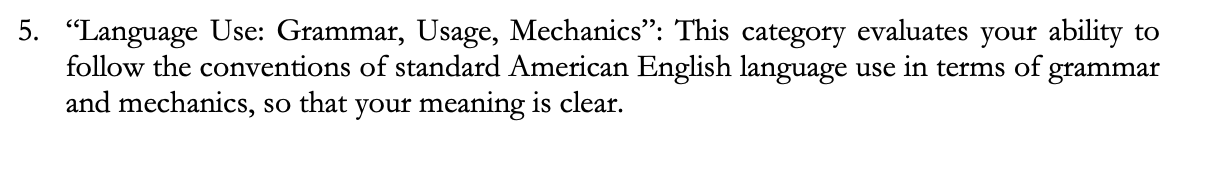 Fig. 2. Screenshot of the fifth category of assessment, “Language Use: Grammar, Usage, Mechanics,” outlined in CUNY’s CAT-W rubric.This black-and-white image contains a screenshot of the fifth category of assessment (“5. Language Use: Grammar, Usage, Mechanics”) for the CUNY Assessment Test in Writing (CAT-W)
