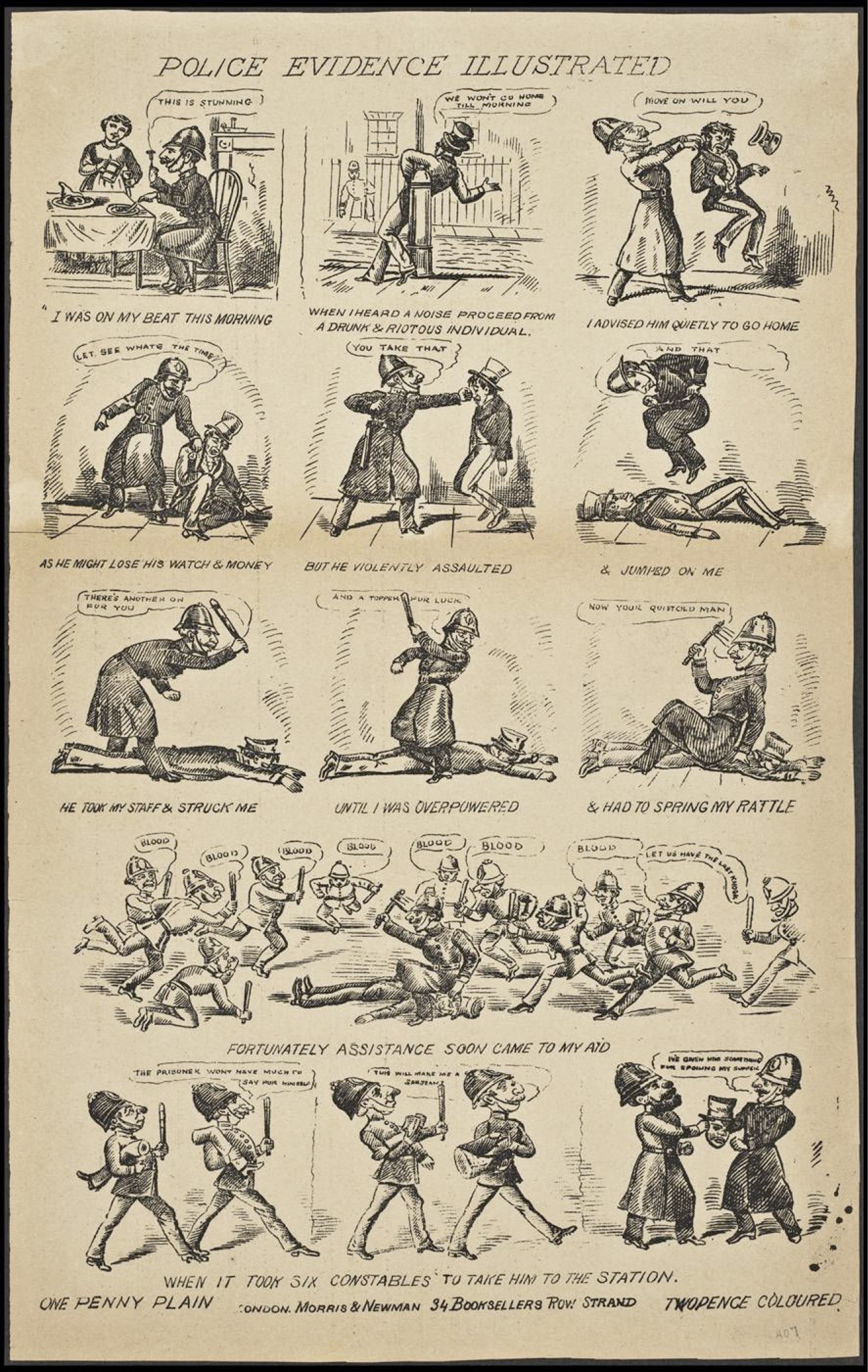 Fig. 1. Original cartoon, “Police Evidence Illustrated.” Courtesy Lilly Library, Indiana University, Bloomington, Indiana.This black-and-white image depicts a series of 13 black-and-white vignettes in which a group of policemen attacks a “drunk and riotous individual.”