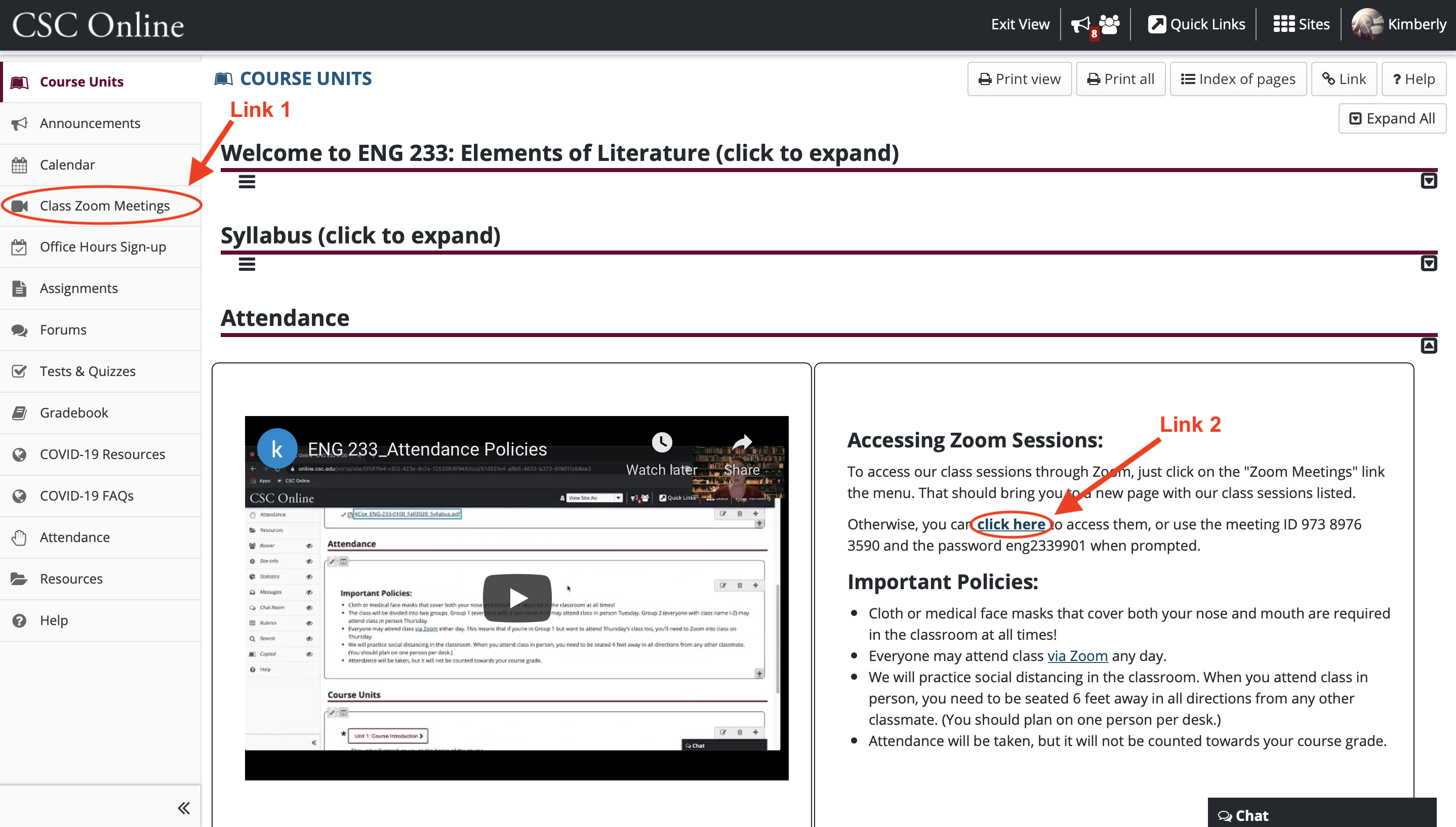 Fig. 1: Screenshot of my Home Page in CSC Online (a Sakai LMS) for Elements of Literature with red arrows and circles indicating Zoom meeting links