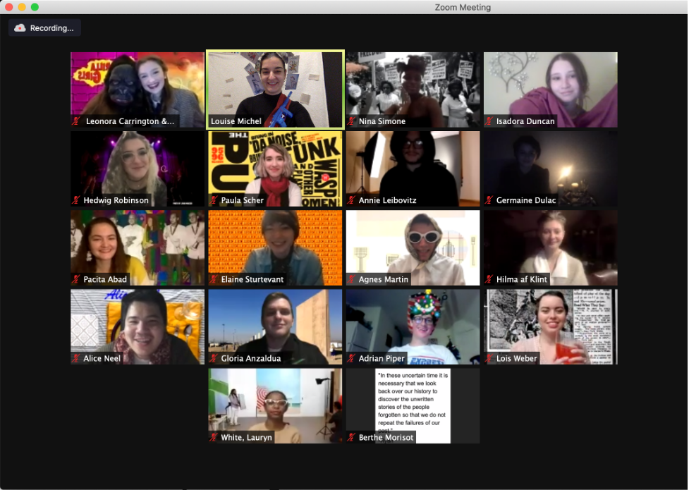 Fig. 1. Virtual Dinner Party, December 10, 2020. The image is a screenshot of a Zoom meeting in which eighteen students appear. Their names are changed to those of female artists such as Louise Michel and Nina Simone, and many are dressed as their characters. They all appear in front of customized virtual backgrounds.
