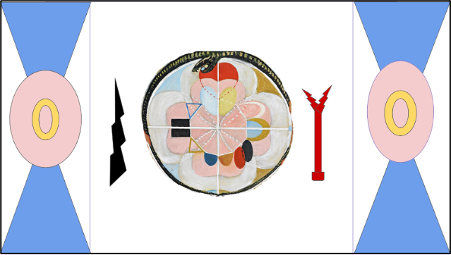 Fig. 6. Mary Callahan, Hilma af Klint Virtual Place Setting. This image depicts a virtual place setting, bordered by two blue-and-pink designs. On the left and right of the plate are two abstract-looking utensils, in black and red, respectively.The plate contains a colorful, abstract design in light pink, red, black, blue, and yellow.