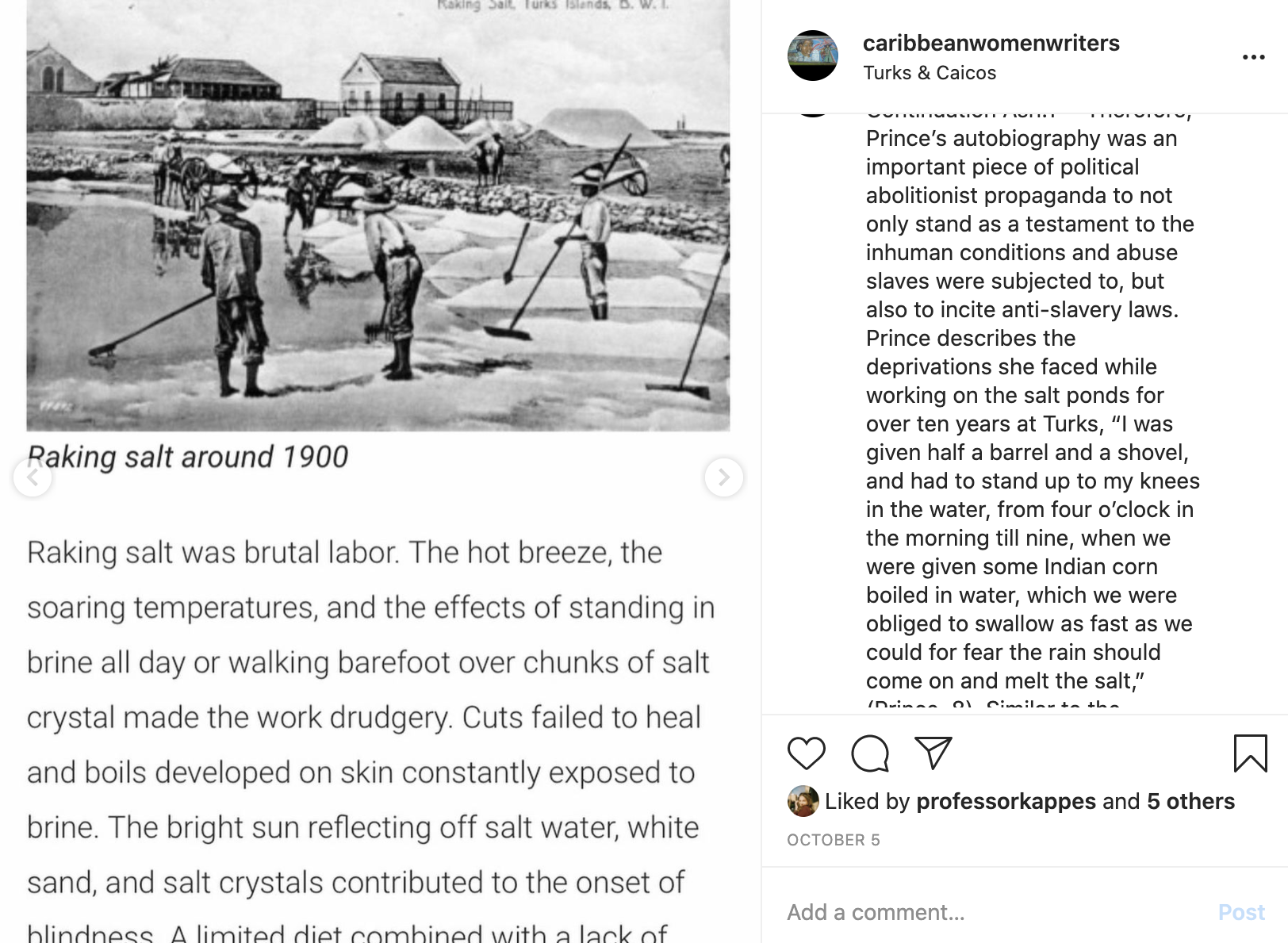 Fig. 1. Screenshot of student Instagram post “Raking salt around 1900.” On the left is an image of people raking salt around 1900. On the right is the account name (@caribbeanwomenwriters), location tag (“Turks & Caicos”), and part of the caption. Underneath the caption is text that signifies that the post has been “Liked by professorkappes and 5 others.”