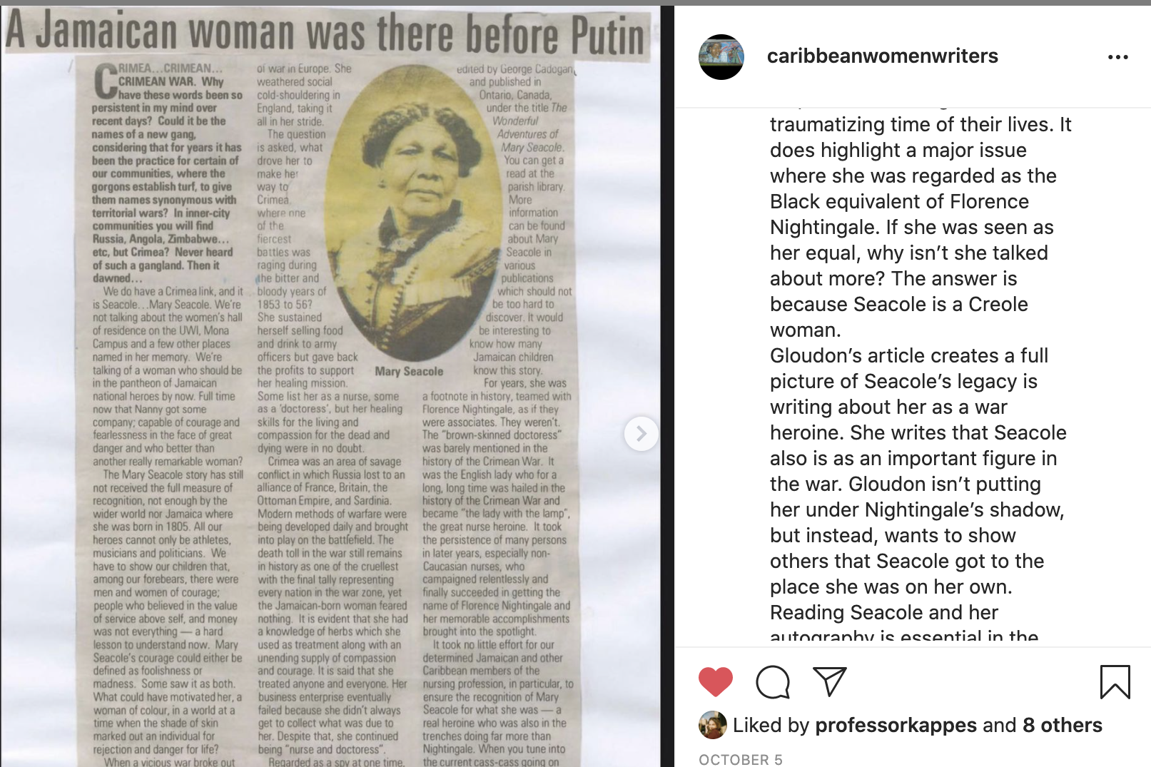 Fig. 2. Screenshot of student Instagram post of The Daily Observer article, “A Jamaican woman was there before Putin.” On the left is an image of a newspaper article featuring a photo of Mary Seacole. On the right is the account name (@caribbeanwomenwriters), a student-written caption, and text that signifies that the post has been “Liked by professorkappes and 8 others.”