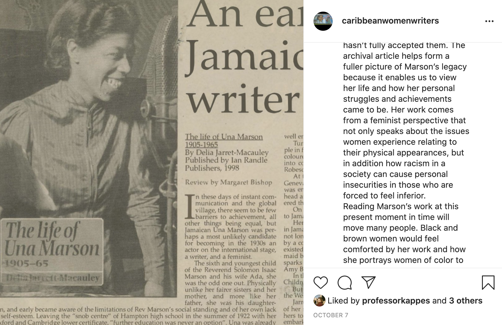 Fig. 3. Screenshot of student Instagram post of article “An early Jamaican writer” and commentary. On the left is a newspaper article with a large black-and-white photo of Una Marson. On the right is the account name (@caribbeanwomenwriters), a student-written caption, and text that signifies that the post has been “Liked by professorkappes and 3 others.”